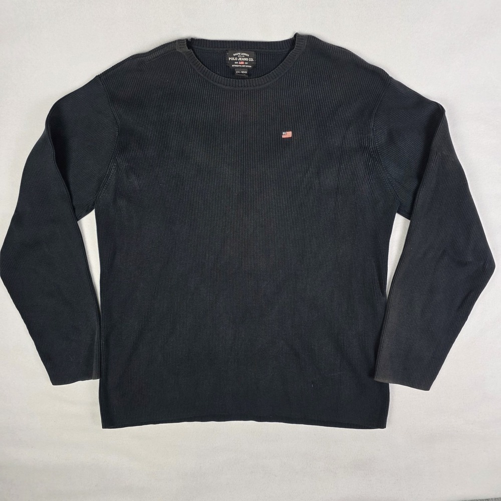 Vintage Y2k Polo Ralph Lauren Sweater Mens 2XL Black Ribbed RL Flag Skater Prep